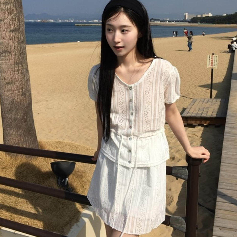 韩国代购直邮2026夏Daybin甜美风蕾丝百搭V领镂空白色A字短裙套装