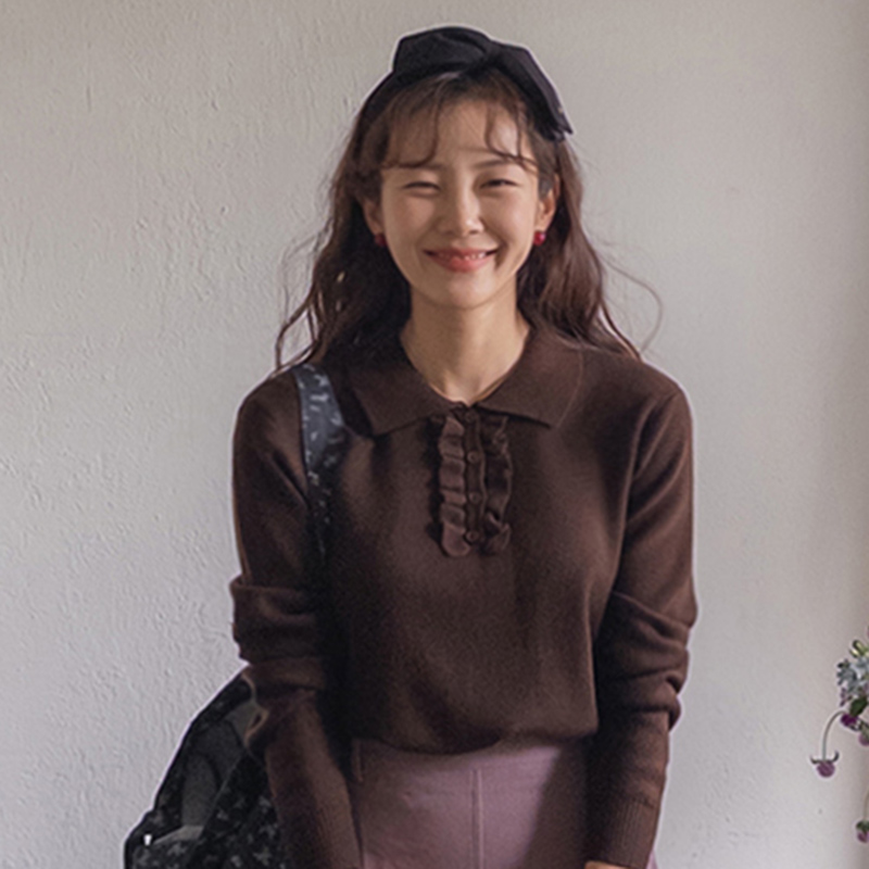 韩国直邮Leelin秋气质淑女温柔亲肤百搭翻领套头宽松针织衫女