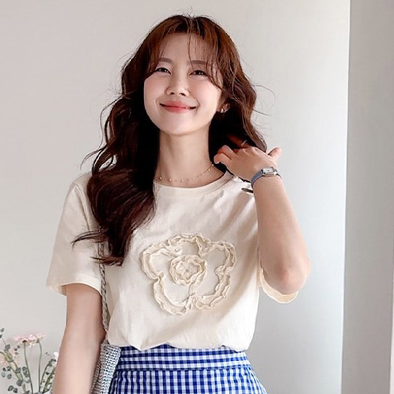 韩国代购直邮2026夏Leelin百搭立体花朵圆领宽松印花短袖T恤女