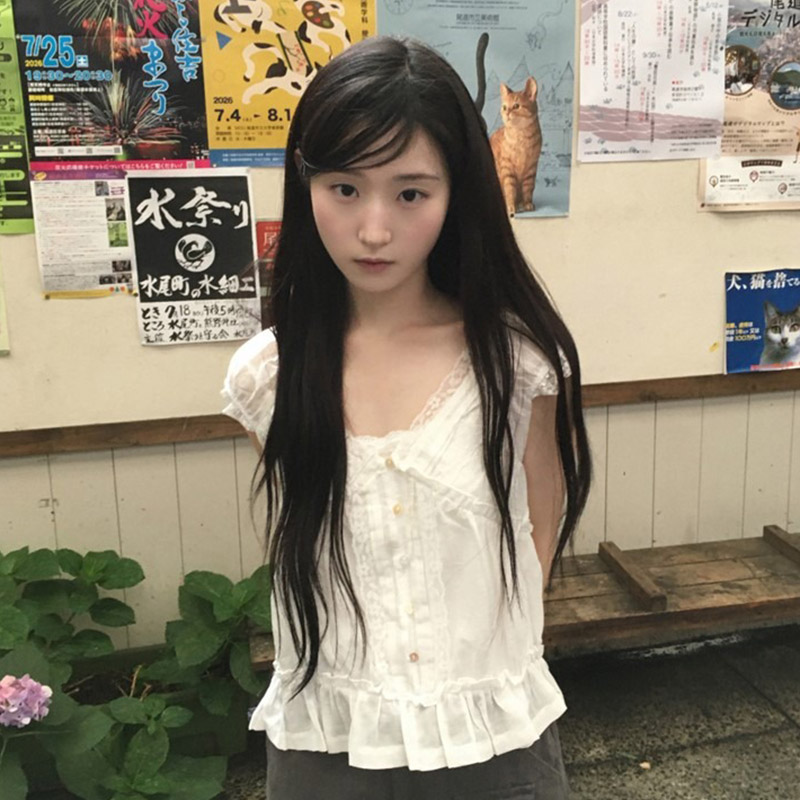 韩国代购直邮2026夏Daybin甜美少女风法系褶皱修身V领短袖衬衫女