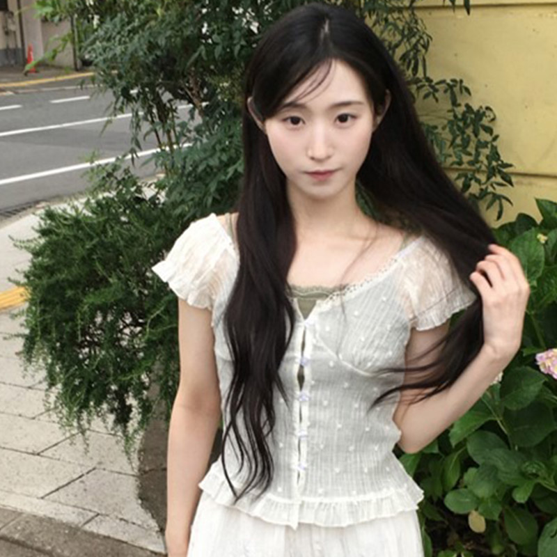 韩国代购直邮2026夏Daybin波点荷叶边显瘦蕾丝V领短袖衬衫女上衣