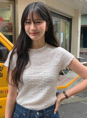 韩国代购直邮2026夏美式复古蕾丝短袖上衣白色修身显瘦百搭蕾丝衫