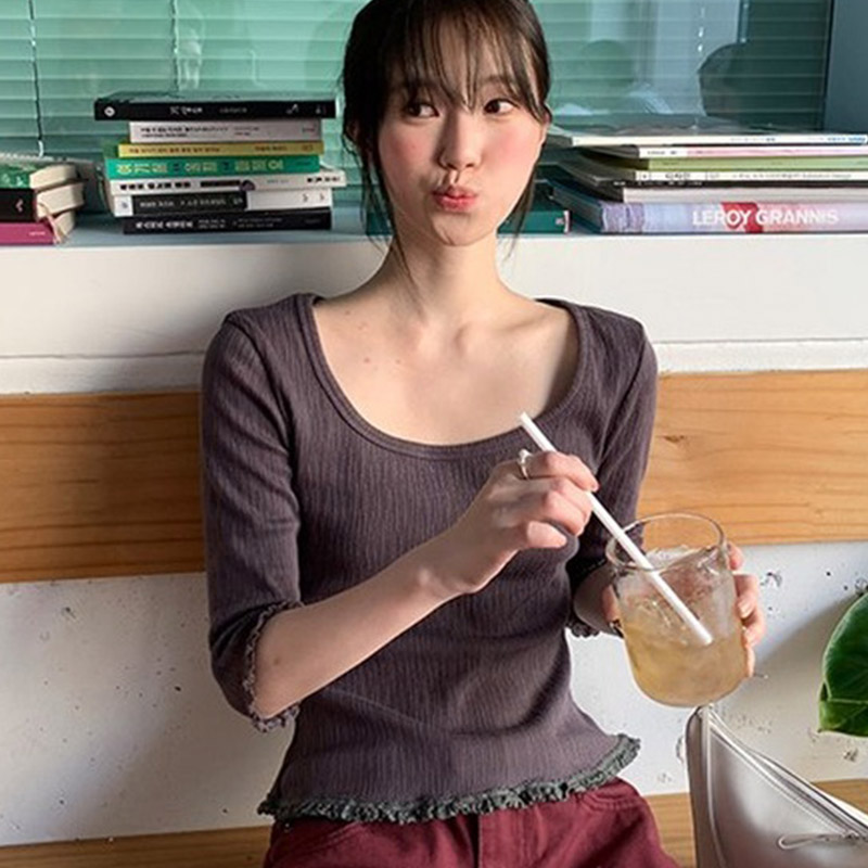 韩国代购直邮2026秋Flily质感轻熟优雅U领七分袖木耳边T恤女修身