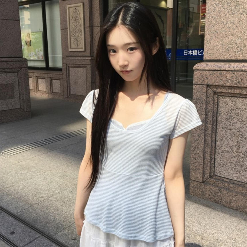 韩国代购直邮2026夏Daybin慵懒风V领短袖T恤修身设计感小众针织