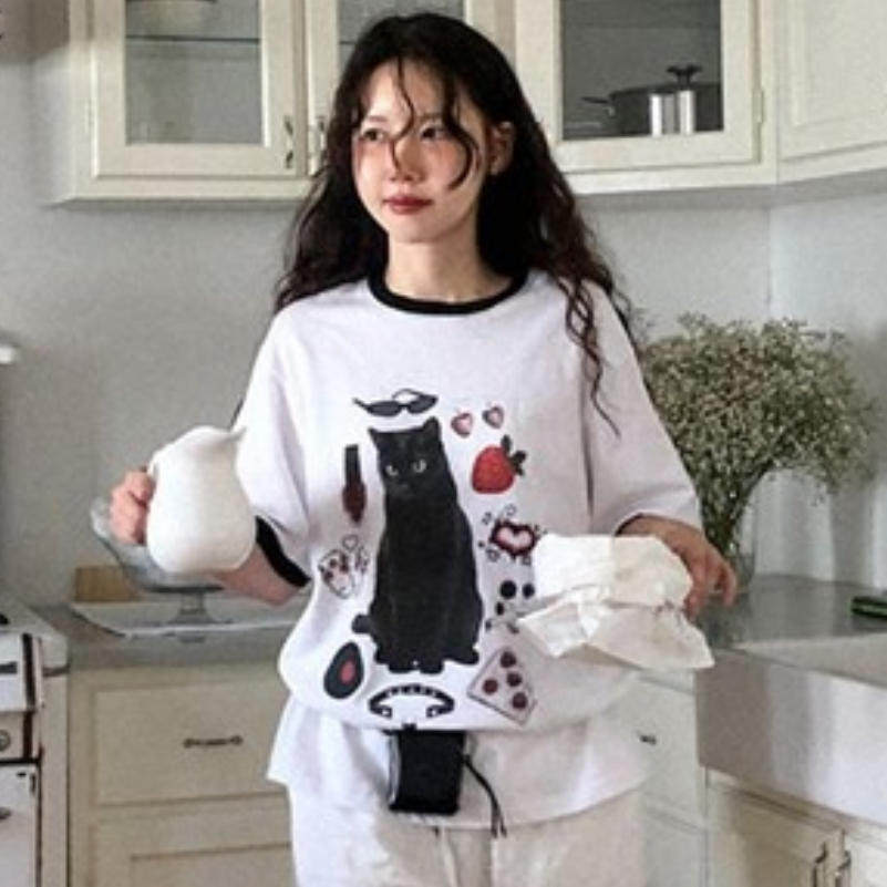 韩国代购直邮2026夏甜美少女风小黑猫印花短袖T恤白色可爱童趣