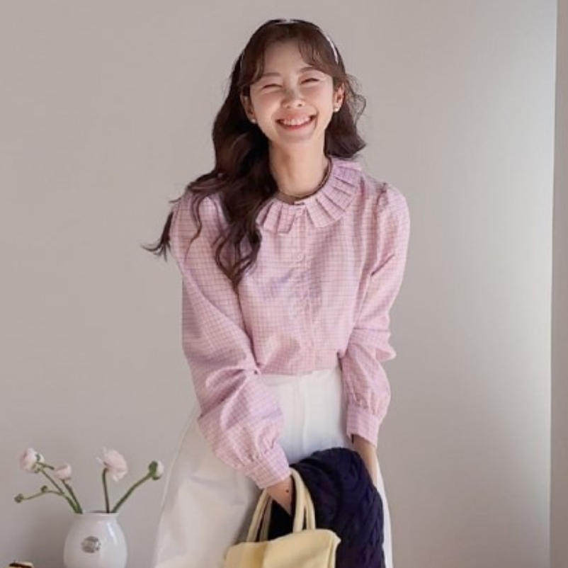 韩国代购直邮2026春Leelin甜美少女风荷叶边长袖森女复古格纹上衣