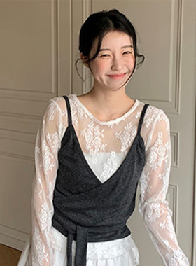 韩国代购直邮Flily春甜美百搭叠穿少女风V领交叉绑带针织吊带背心
