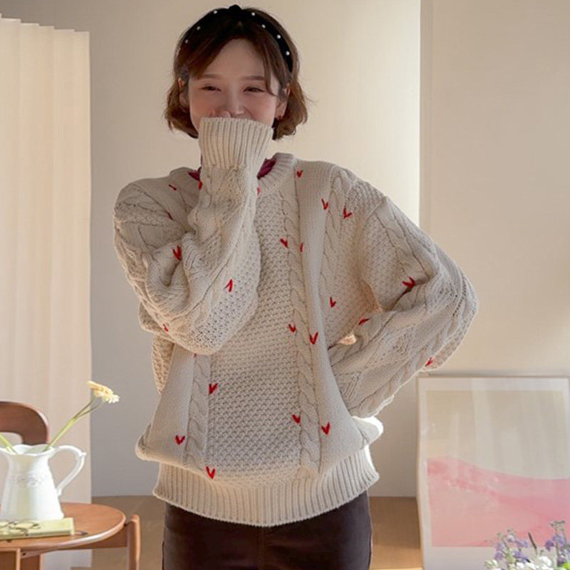 韩国代购直邮Leelin冬甜美少女百搭宽松爱心麻花长袖纹针织毛衣