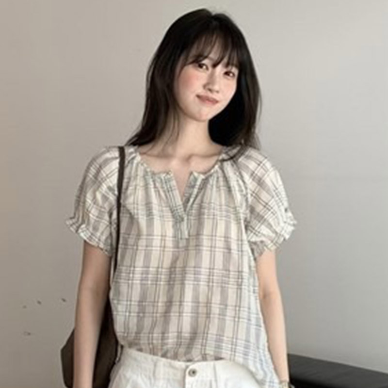 韩国代购直邮2026夏Flily复古格子宽松森系温柔舒适短袖衬衫女