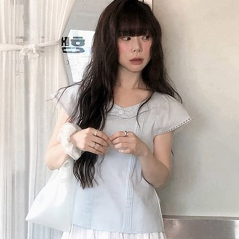 韩国代购直邮2026夏Vinvle甜美风花边收腰显瘦减龄圆领短袖T恤女