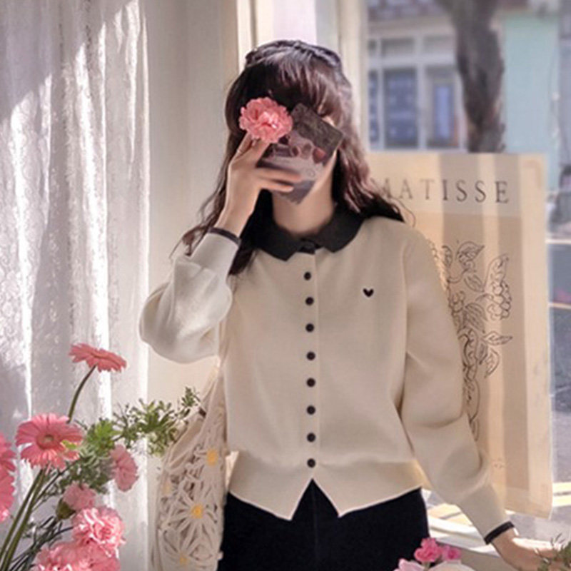 韩国代购直邮Leelin春百搭优雅气质爱心刺绣翻领单排扣针织开衫女,女装/女士精品,毛针织衫,淘宝优惠券,粉丝福利购,淘宝优惠卷