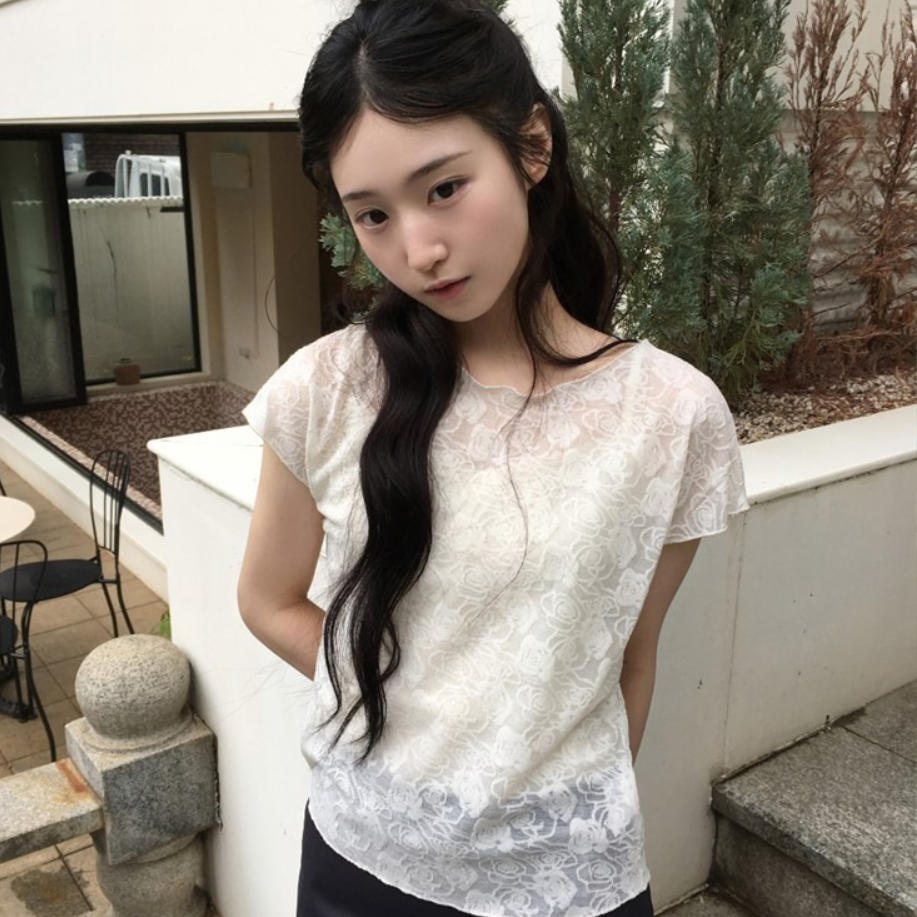 韩国代购直邮2026夏Daybin立体感花朵蕾丝衫短袖贴身雪纺衫上衣