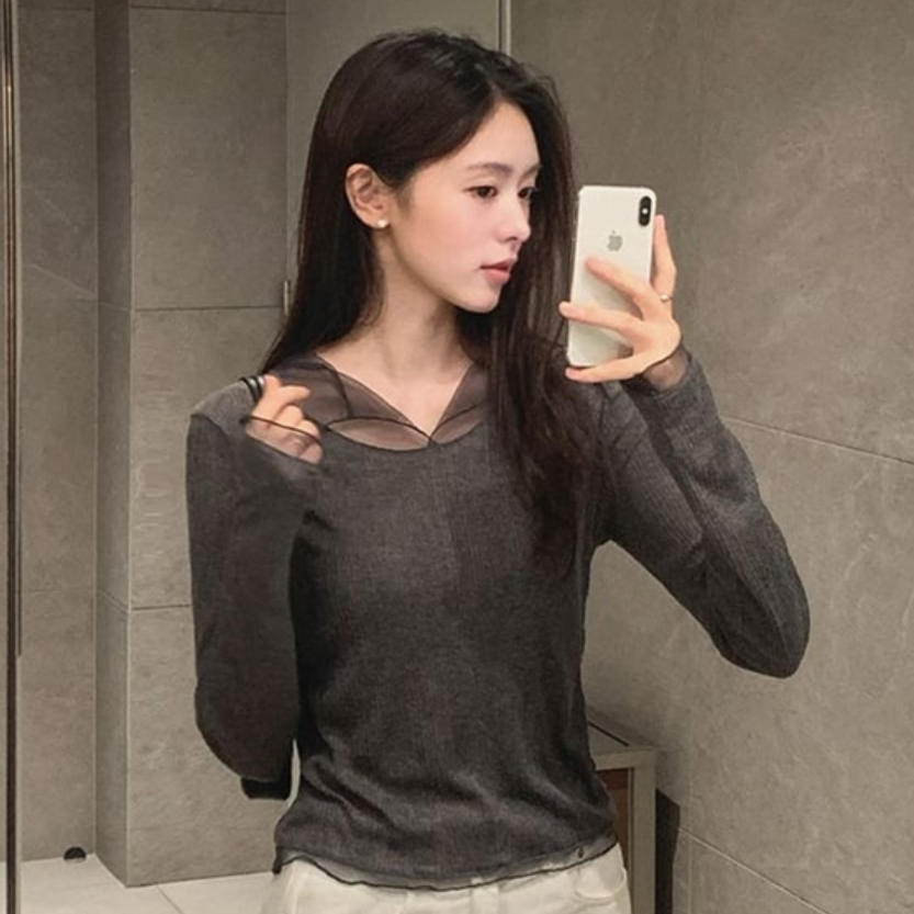 韩国代购直邮2026秋Cherrykoko网纱拼接长袖T恤女气质微透上衣