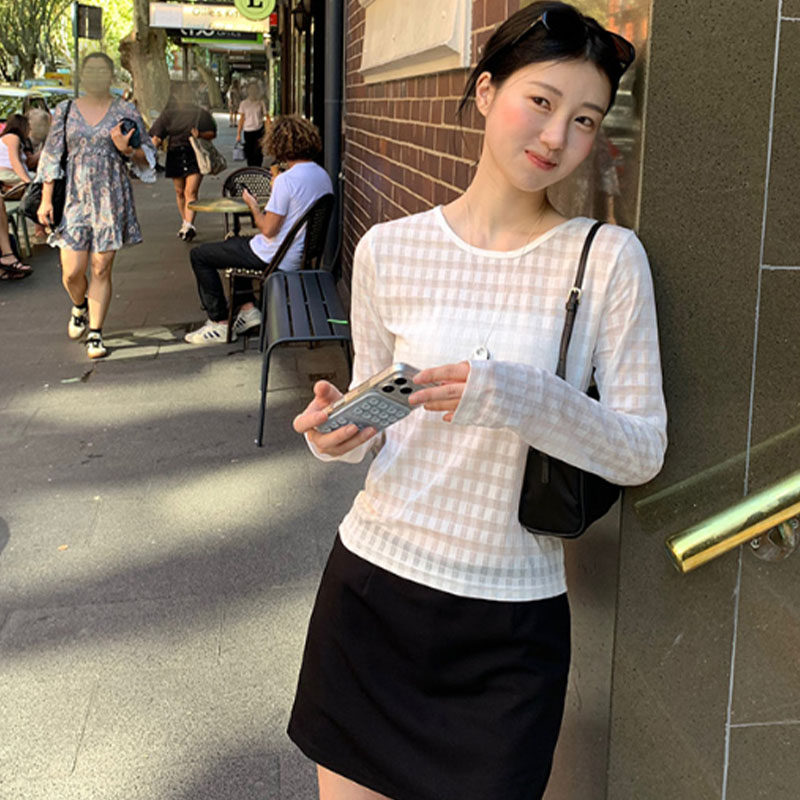 韩国代购直邮2026春Flily韩系学院风微透格子白色修身显瘦长袖T恤