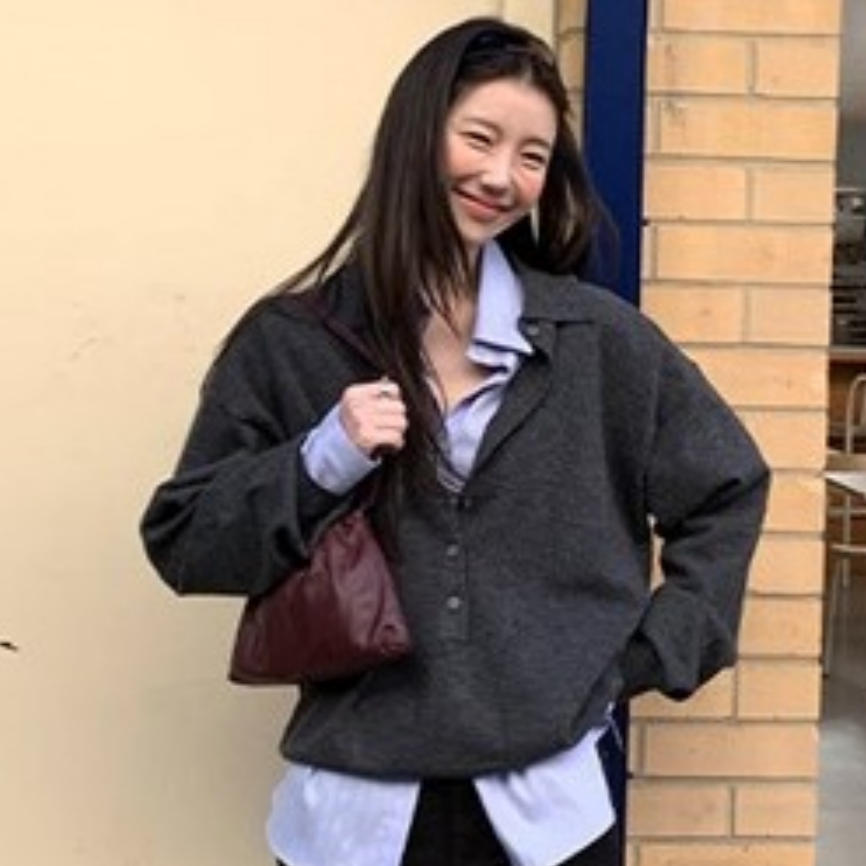 韩国代购直邮2026秋Flily复古翻领毛衣女宽松慵懒风高级感针织衫