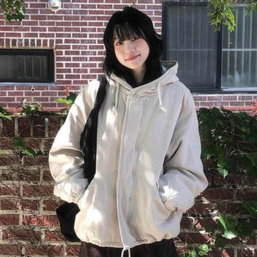 韩国代购直邮2026冬Vinvle慵懒风连帽抽绳棉服女宽松落肩工装外套