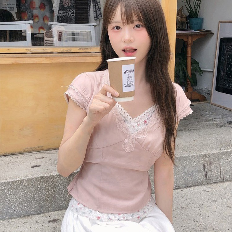 韩国代购直邮2026夏Vinvle温柔风修身显瘦气质V领短袖花边T恤女
