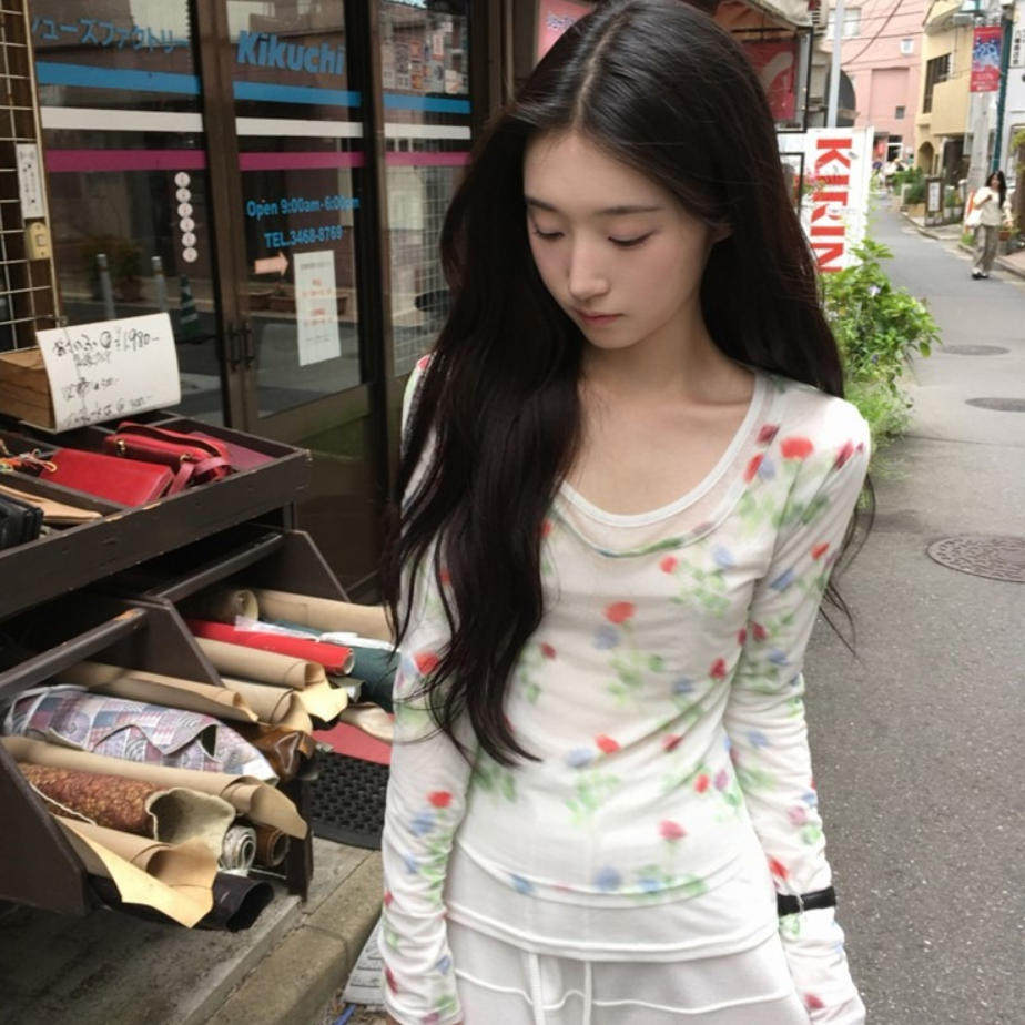 韩国代购直邮2026秋Daybin少女感小碎花长袖T恤女薄款减龄打底衫