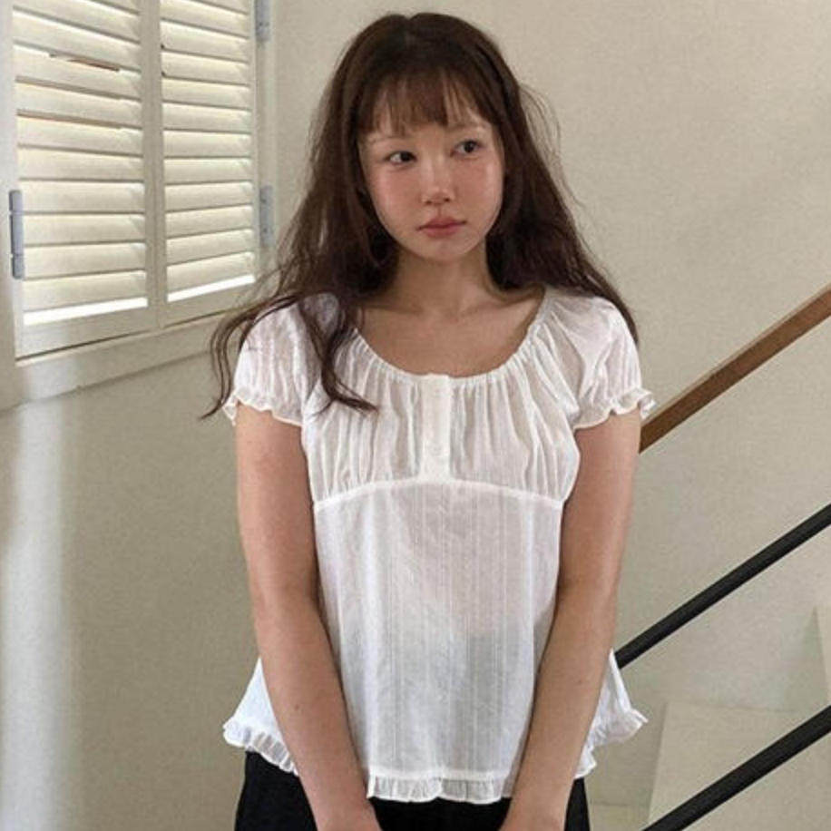 韩国代购直邮2026夏甜美少女风白色泡泡袖蕾丝花边衬衫绑带雪纺衫