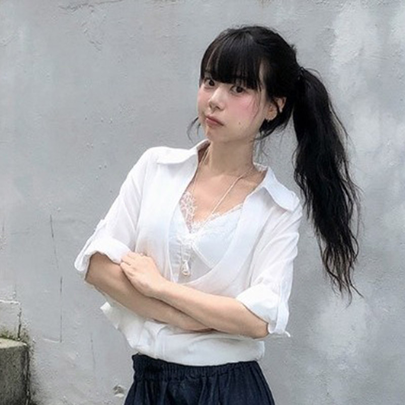韩国代购直邮2026夏Vinvle百搭宽松气质polo领蕾丝拼接衬衫套装女