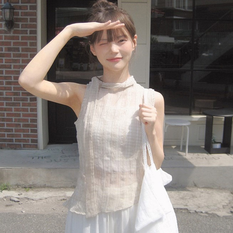 韩国代购直邮2026夏Vinvle温柔韩系风不对称长领带气质无袖衬衫女
