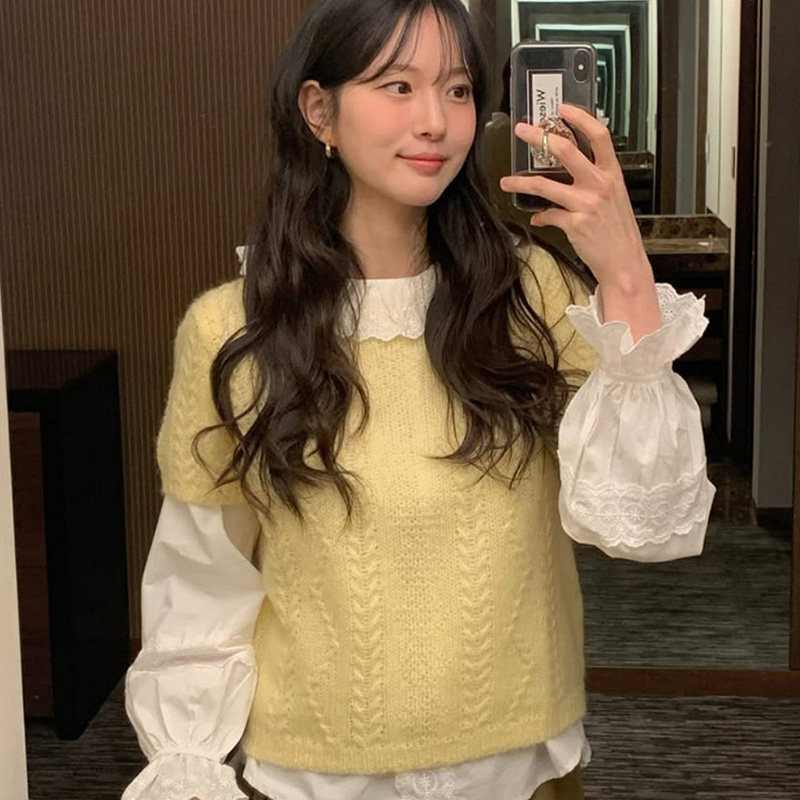 韩国代购直邮2026春温柔慵懒风镂空短袖圆领针织衫女宽松套头毛衣