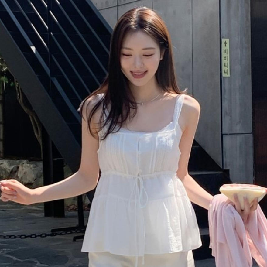 韩国代购直邮2026夏Cherrykoko甜美少女风蝴蝶结收腰系带吊带背心