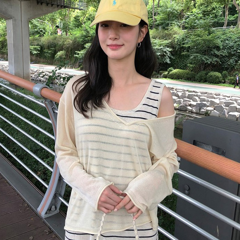 韩国代购直邮2026夏ordinairement慵懒宽松V领露肩微透针织衫女夏