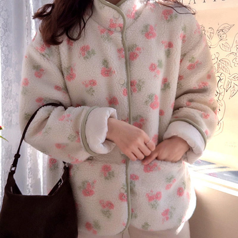 小清新碎花翻领保暖长袖短外套女