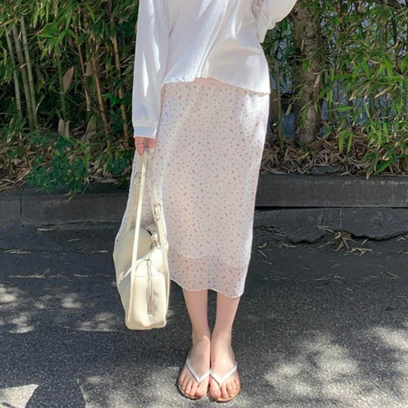 韩国代购直邮2026夏Cherrykoko温柔甜美风小碎花雪纺半身裙中长款