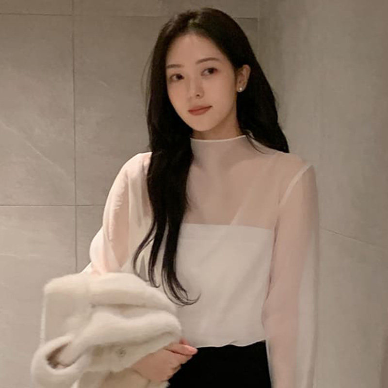 韩国代购直邮Cherrykoko春法式气质直筒飘带领气质透视长袖衬衫女