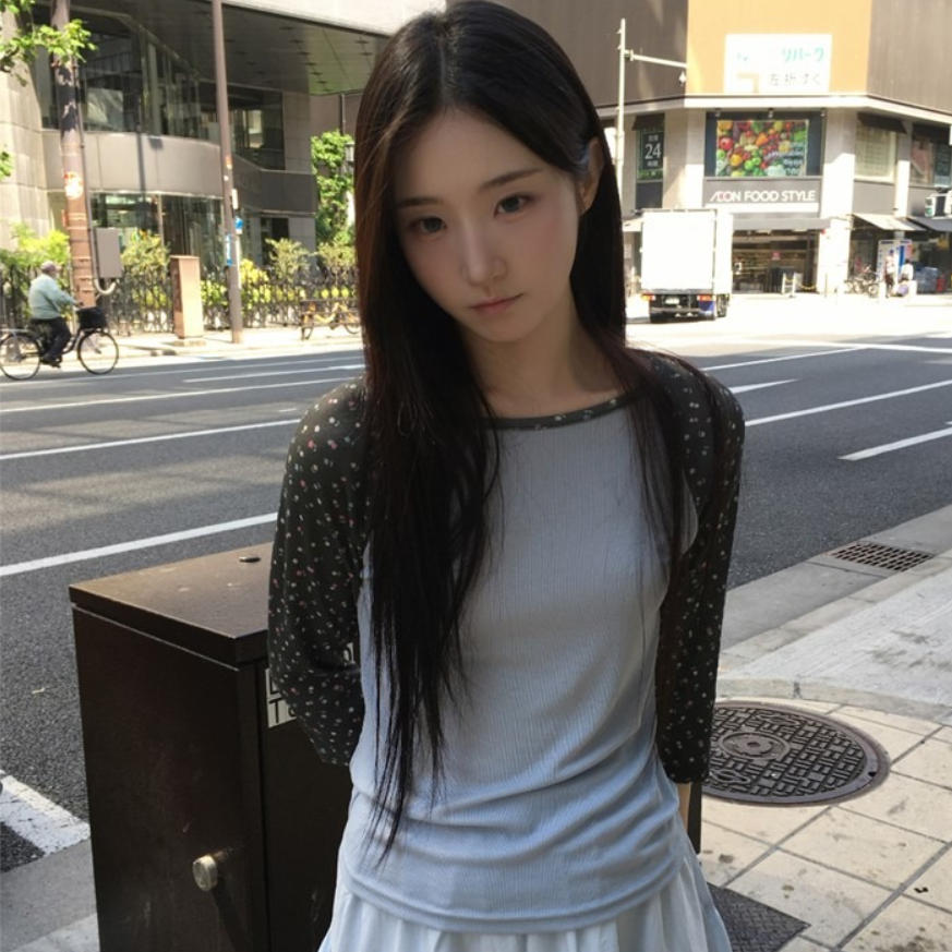 韩国代购直邮2026夏Daybin韩系碎花插肩袖甜美少女拼色套头中袖