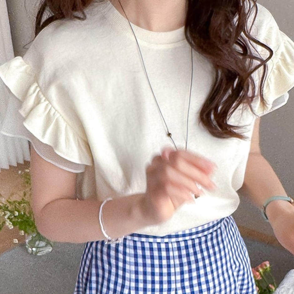 韩国代购直邮2026夏Leelin盐系少女荷叶边短袖白色简约圆领上衣