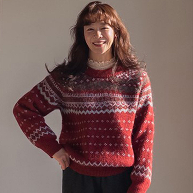 韩国代购直邮Leelin春费尔岛风复古圣诞圆领毛衣通勤套头针织衫女