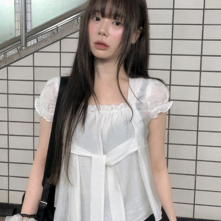 韩国代购直邮2026夏Vinvle甜美少女风泡泡袖衬衫系腰带褶皱娃娃衫