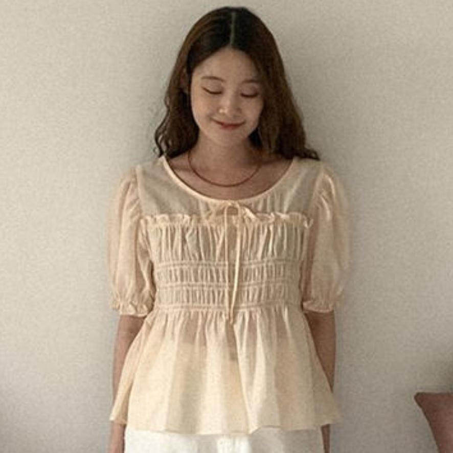 韩国代购直邮2026夏Heylady甜美淑女蝴蝶结泡泡袖雪纺衫褶皱衬衫