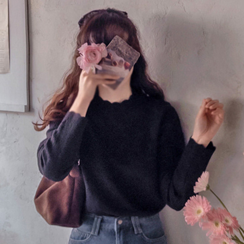 韩国代购直邮Leelin冬温柔淑女风修身百搭套头圆领长袖针织衫女