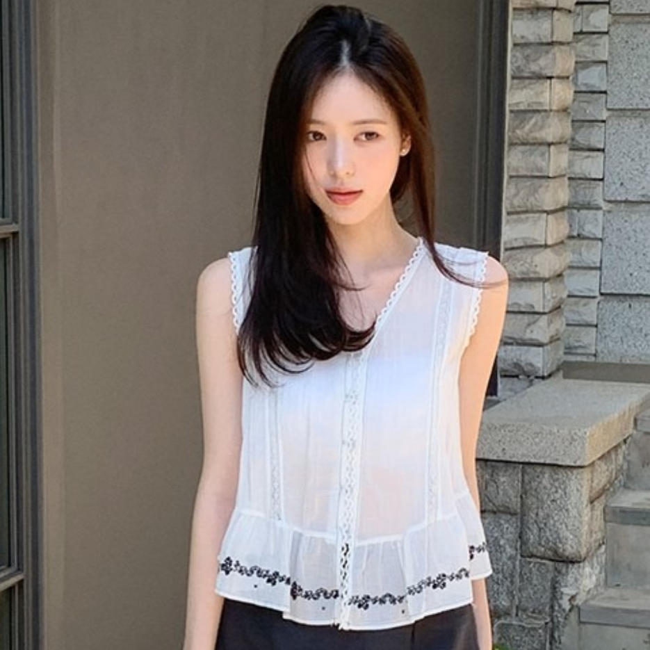 韩国代购直邮2026夏Cherrykoko法式甜美风刺绣花朵宽松无袖衬衫
