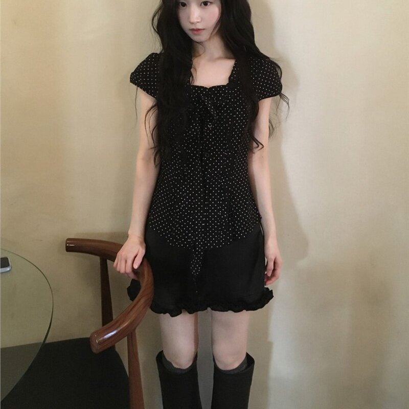 韩国代购直邮2026夏Daybin黑色波点木耳边短裙减龄修身显瘦半身裙