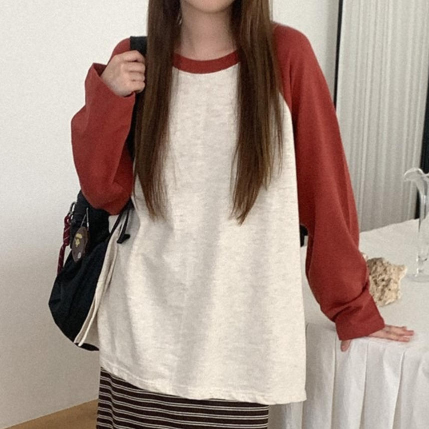 韩国代购直邮2026秋Heylady撞色插肩袖长袖T恤女宽松纯棉打底上衣