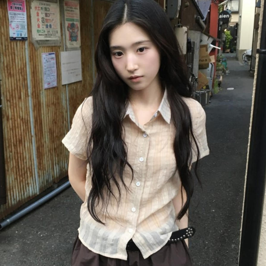 韩国代购直邮2026夏Daybin休闲风薄款格纹翻领短袖衬衫少女风宽松
