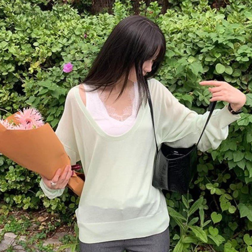 韩国代购直邮2026秋Flily慵懒风U领宽松套头长袖针织衫女薄款上衣