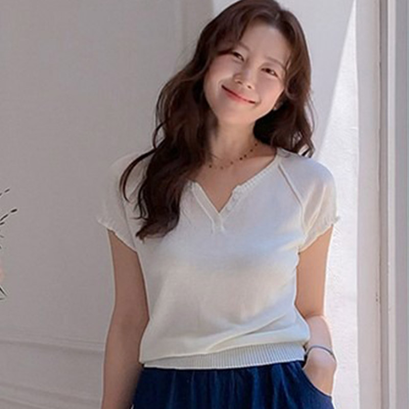 韩国代购直邮2026夏Leelin百搭轻薄淑女温柔V领针织短袖T恤女