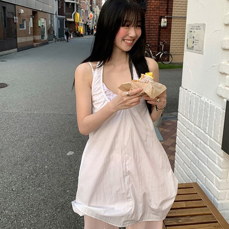 韩国代购直邮2026夏Flily宽松休闲百搭纯色挂脖中长款吊带T恤女