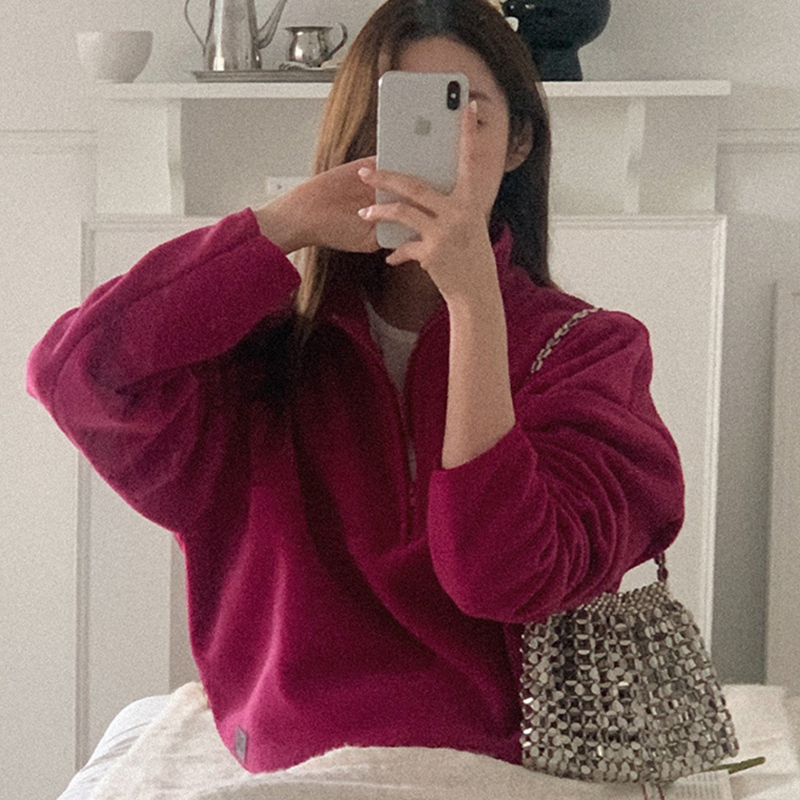 韩国代购直邮Heylady冬宽松显瘦翻领百搭宽松长袖半拉链套头卫衣