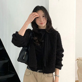 优雅显瘦长袖 韩国代购 直邮Flily春百搭法式 宽松圆领毛绒短外套女