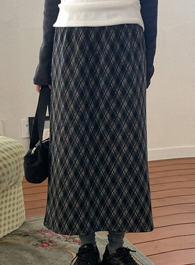 韩国代购直邮Heylady春复古通勤格纹高腰气质过膝长款A字半身裙女