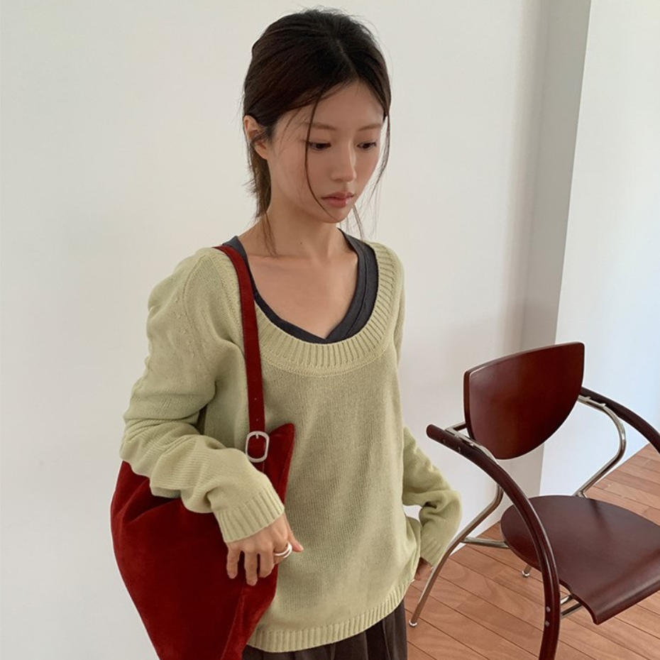 韩国代购直邮2026秋Maybe-baby百搭U领针织衫女长袖宽松显瘦毛衣