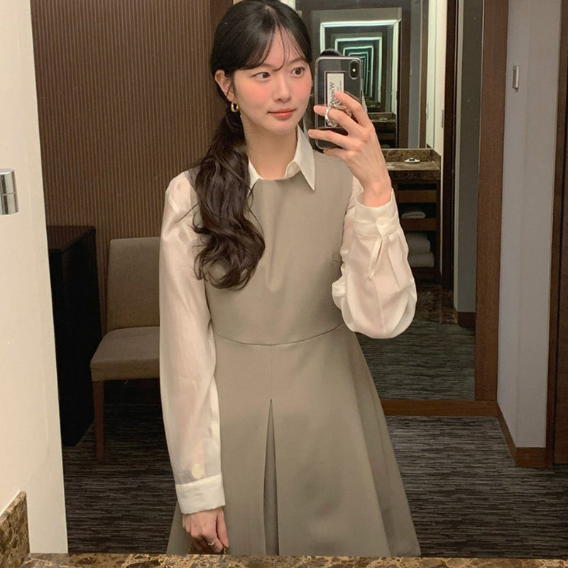 韩国代购直邮2026春装学院风无袖连衣裙女新款收腰优雅气质通勤裙