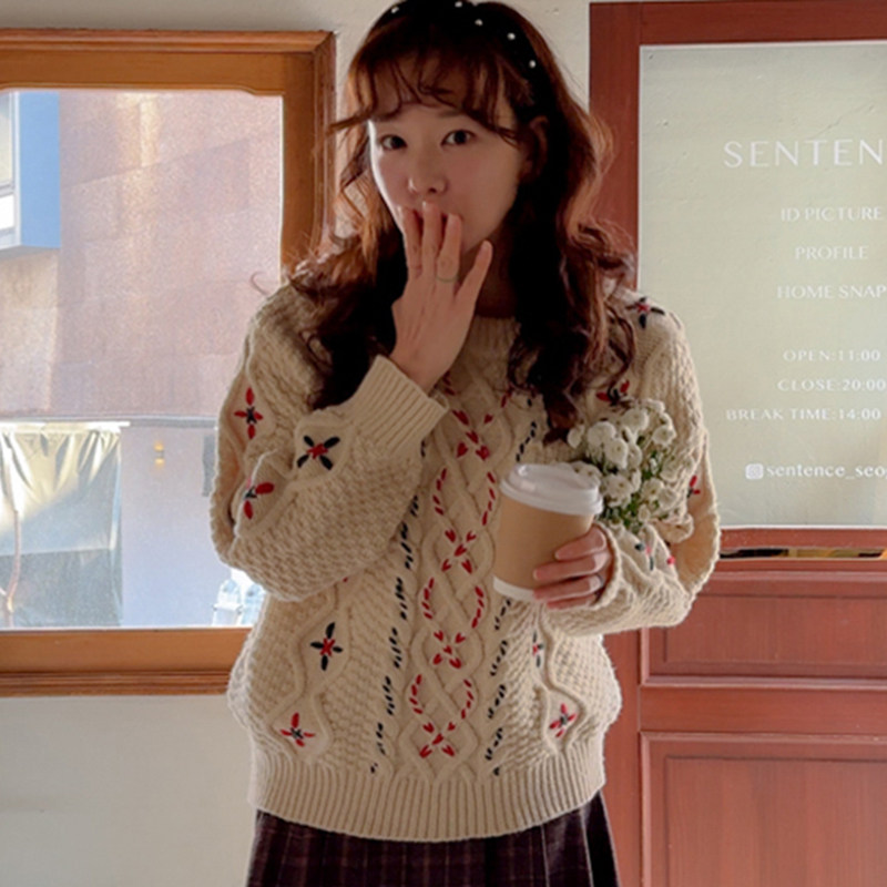 韩国代购直邮Leelin冬复古时尚麻花纹慵懒刺绣宽松长袖保暖毛衣女